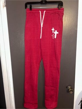 Mens Red Fleece Joggers with Cross Accent